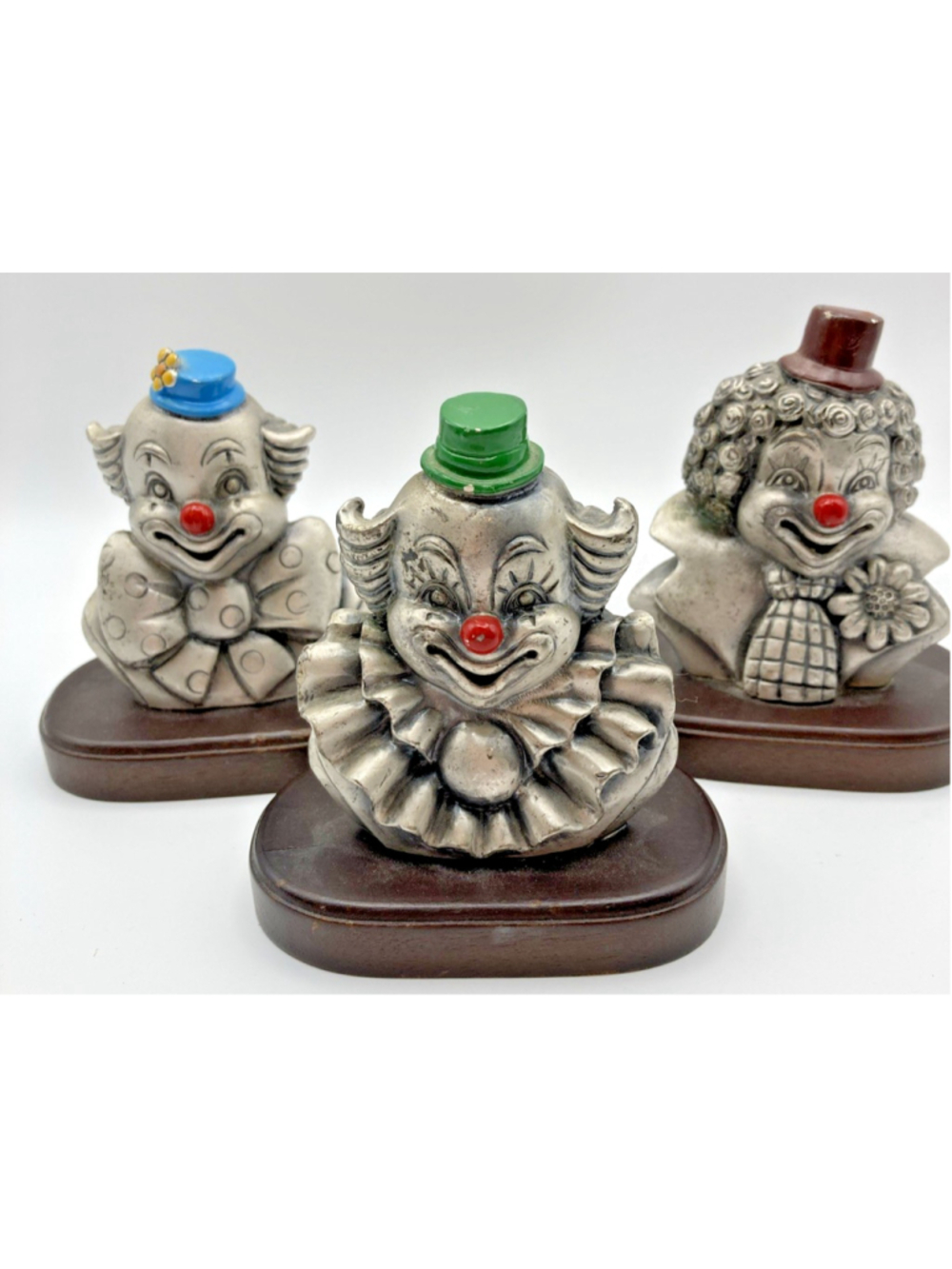 Rare George Good Cast Pewter Clowns On Wood Base Bow Flowers 3" Statue Vtg 3 PCs